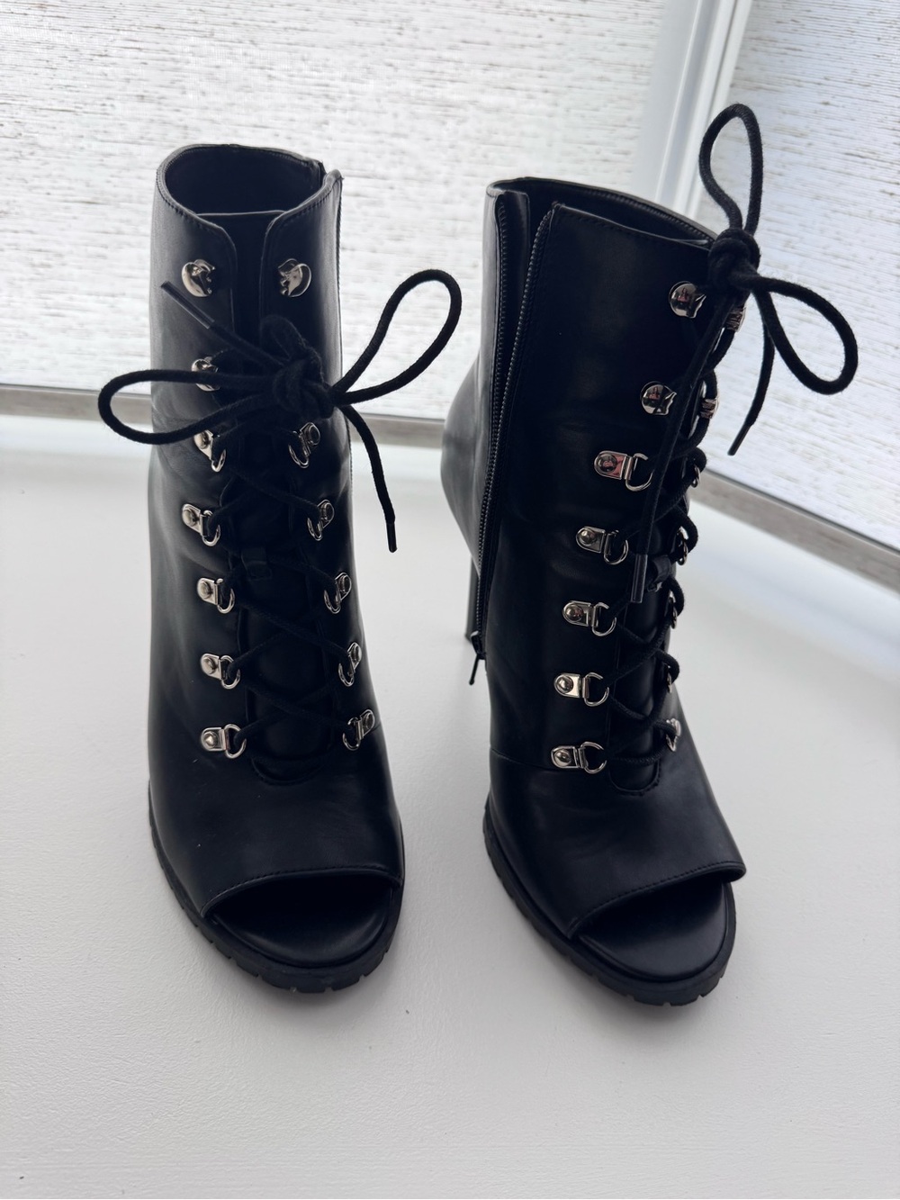 INC Women's Black Lace-Up Peep Toe Ankle Boots